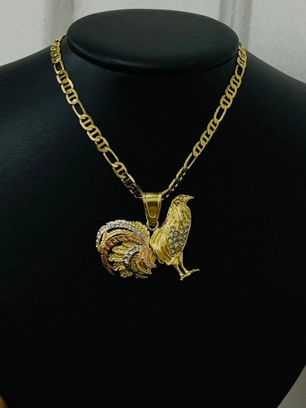 14K Solid Gold Filled Rooster Necklace Pendant CZ Mariner Chain 24" J495