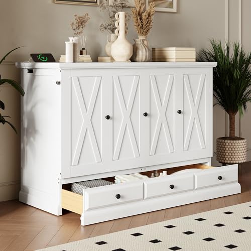 Queen Size White Solid Pine Murphy Bed with Charging Station and Drawer S227