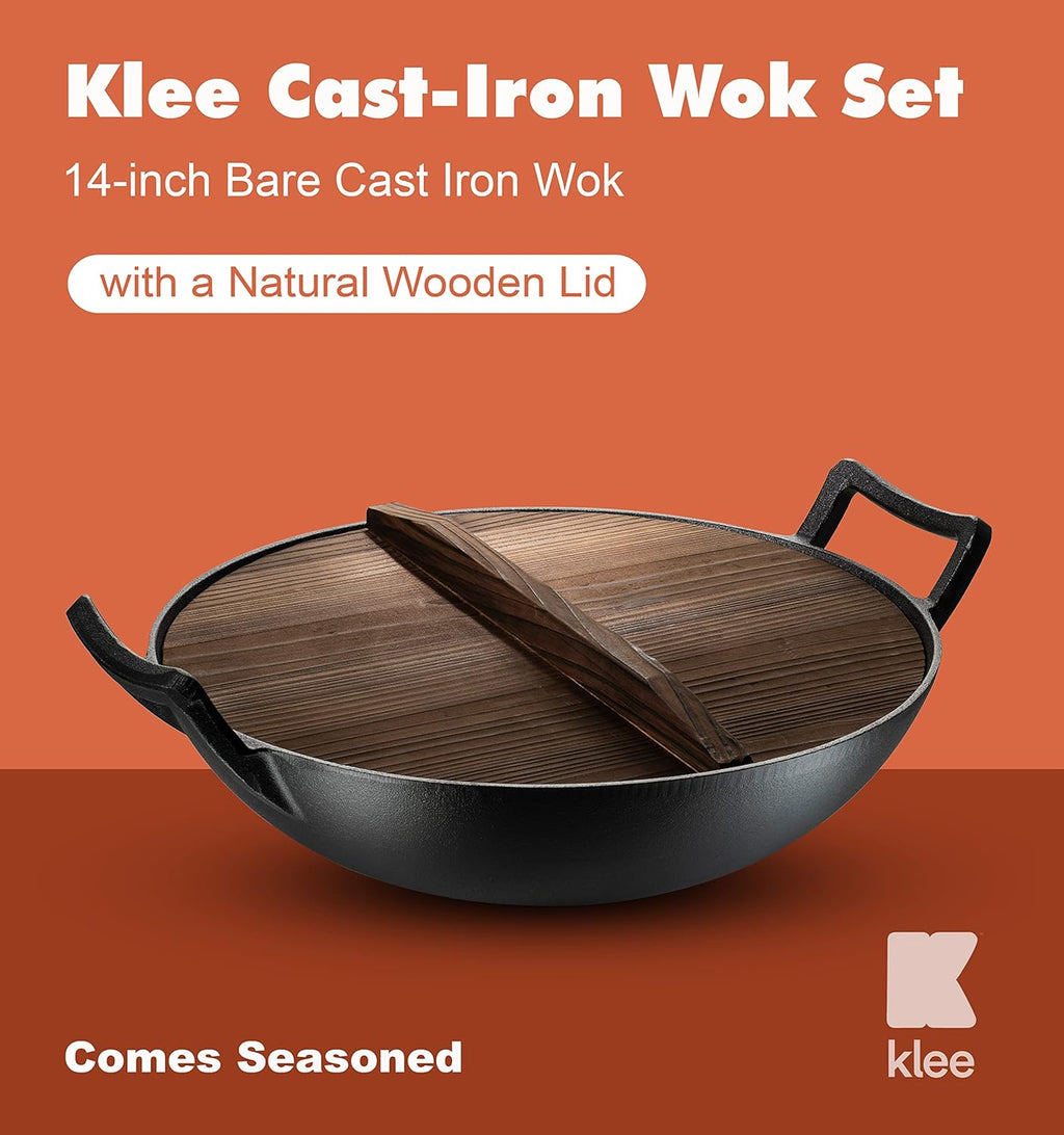 Pre-Seasoned Cast Iron Wok Pan with Wood Lid and Handles D616789
