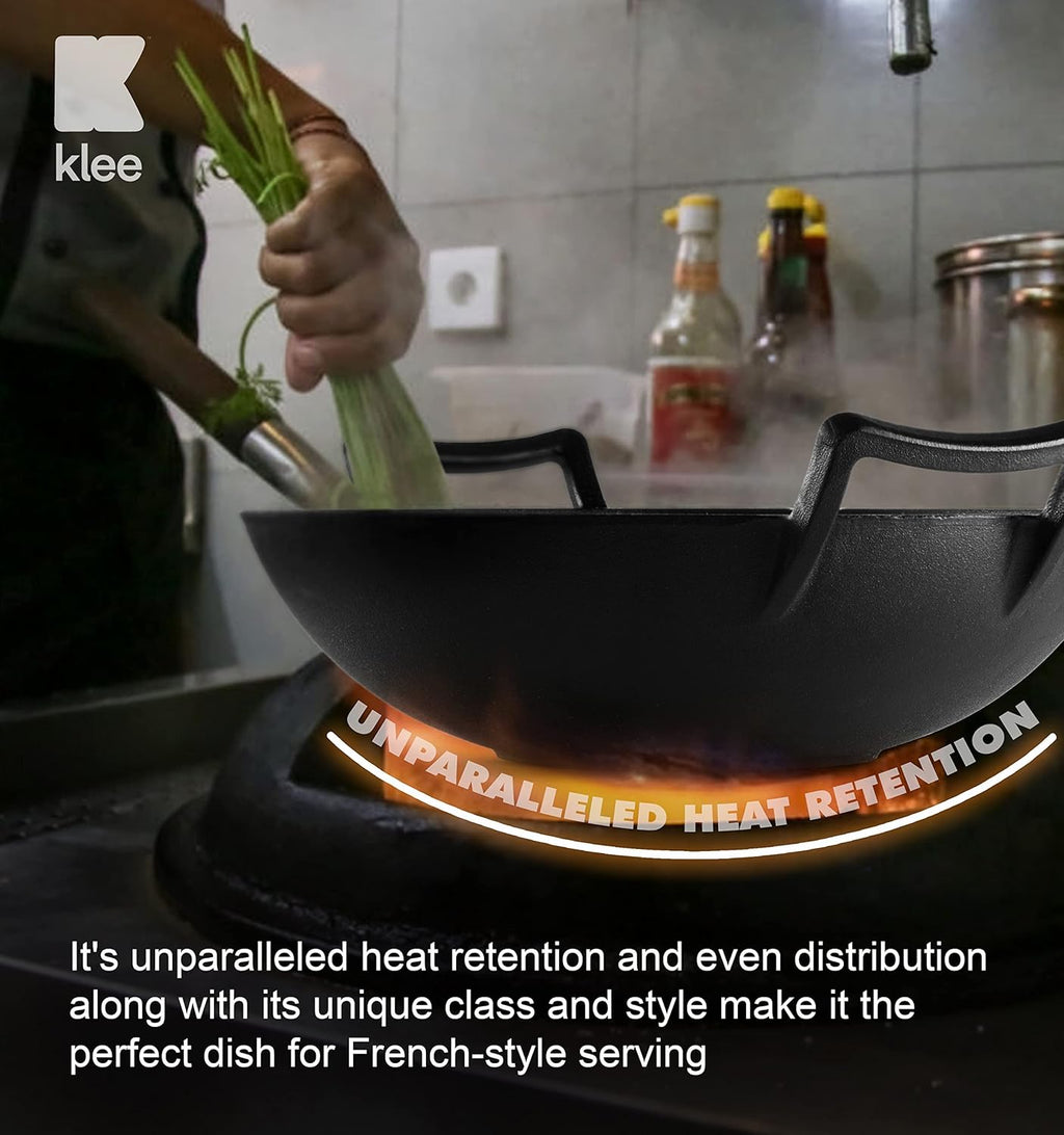 Pre-Seasoned Cast Iron Wok Pan with Wood Lid and Handles D616789