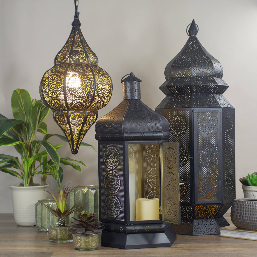 Black and Gold Moroccan Style Cut-Out Floor Pillar Candle Lantern L261