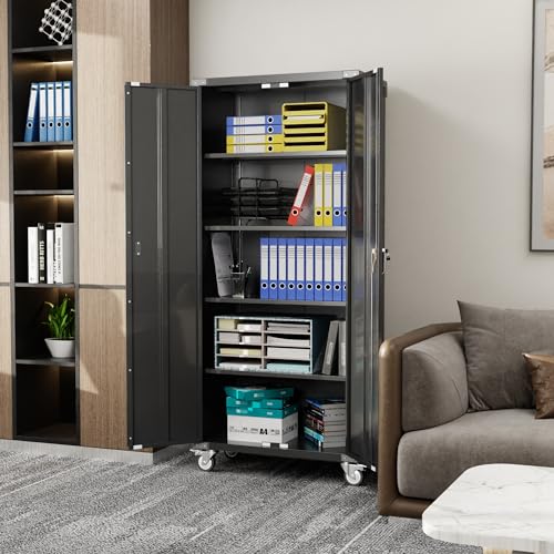 Metal Storage Cabinet with Wheels, 71" Tall, 5 Tier Shelves, Locking Doors O5373