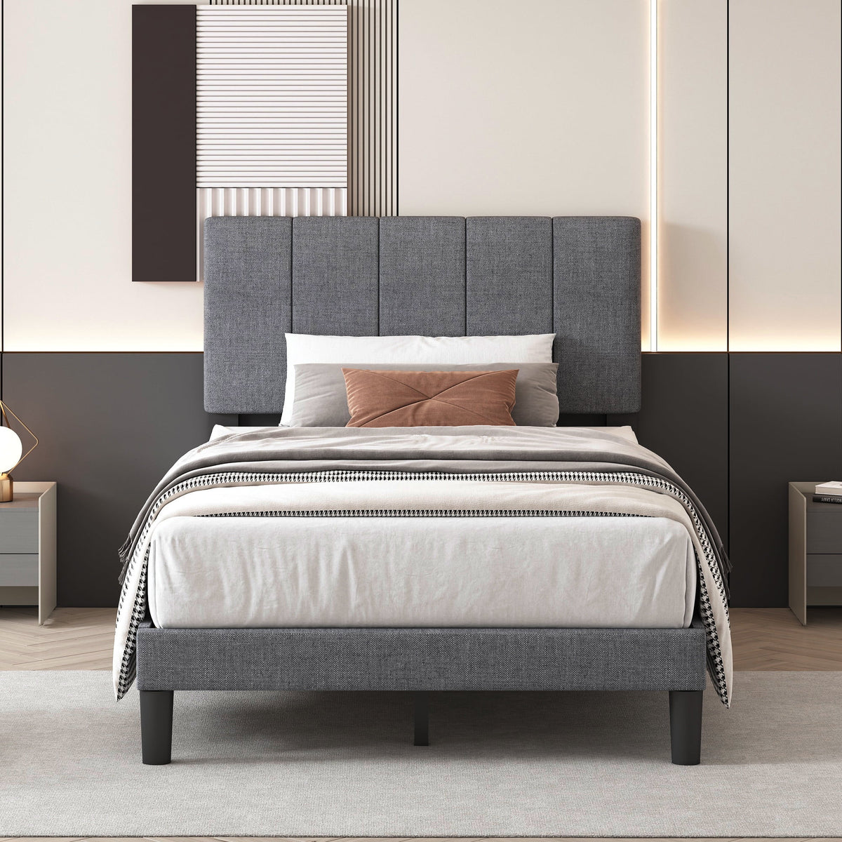 Grey Twin Size Fabric Upholstered Platform Bed Frame C331307