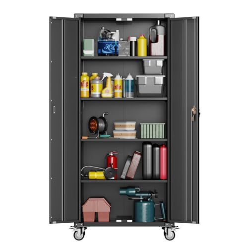Metal Storage Cabinet with Wheels, 71" Tall, 5 Tier Shelves, Locking Doors O5373