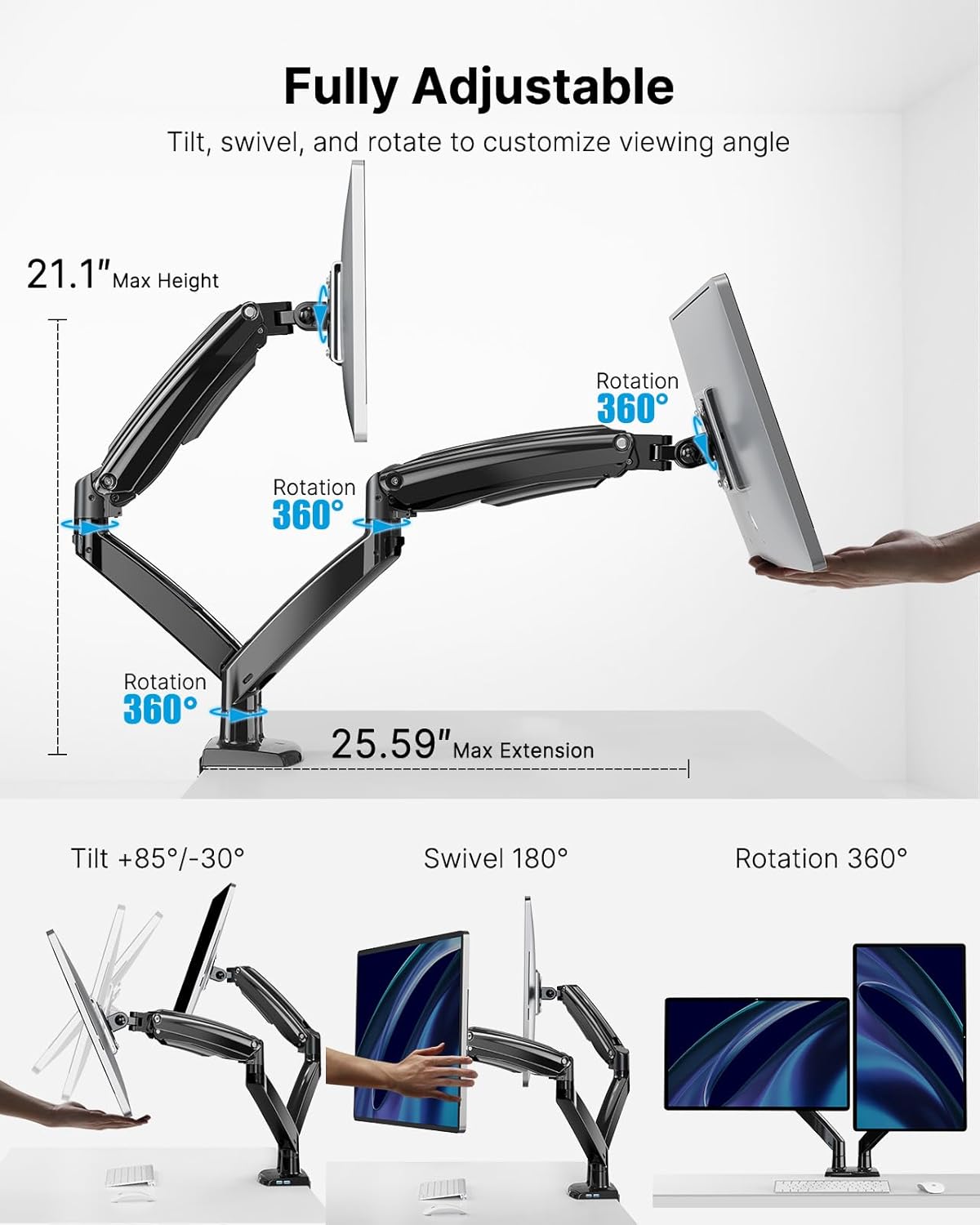 Dual Monitor Stand with USB, Height Adjustable, Black S511438