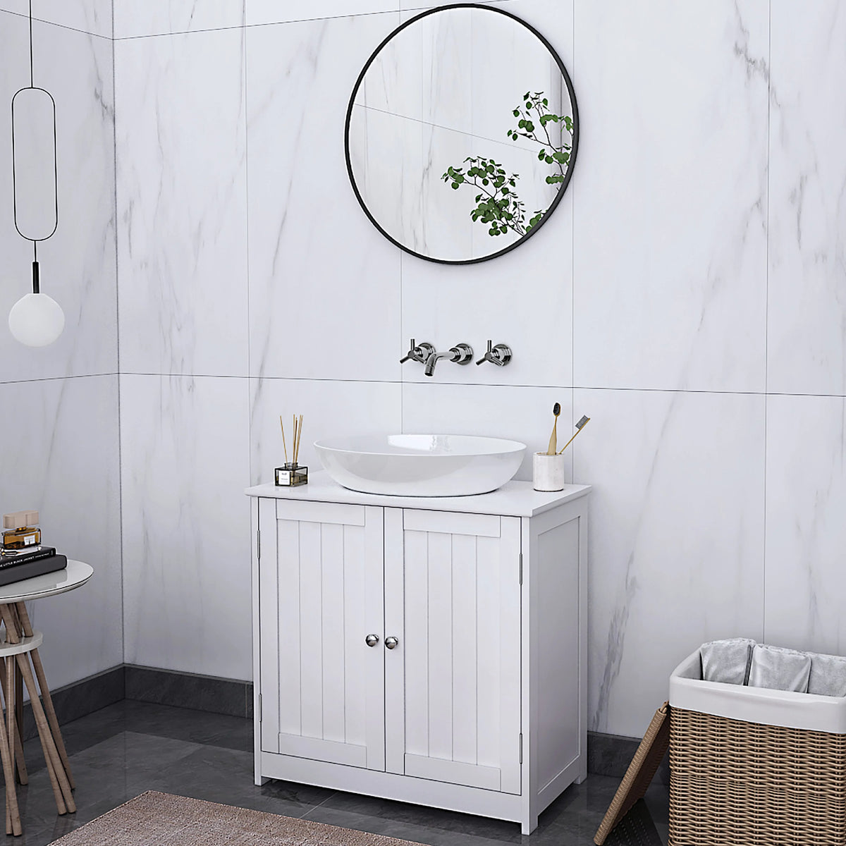 White Bathroom Vanity Cabinet with Double Doors and Adjustable Shelves P188
