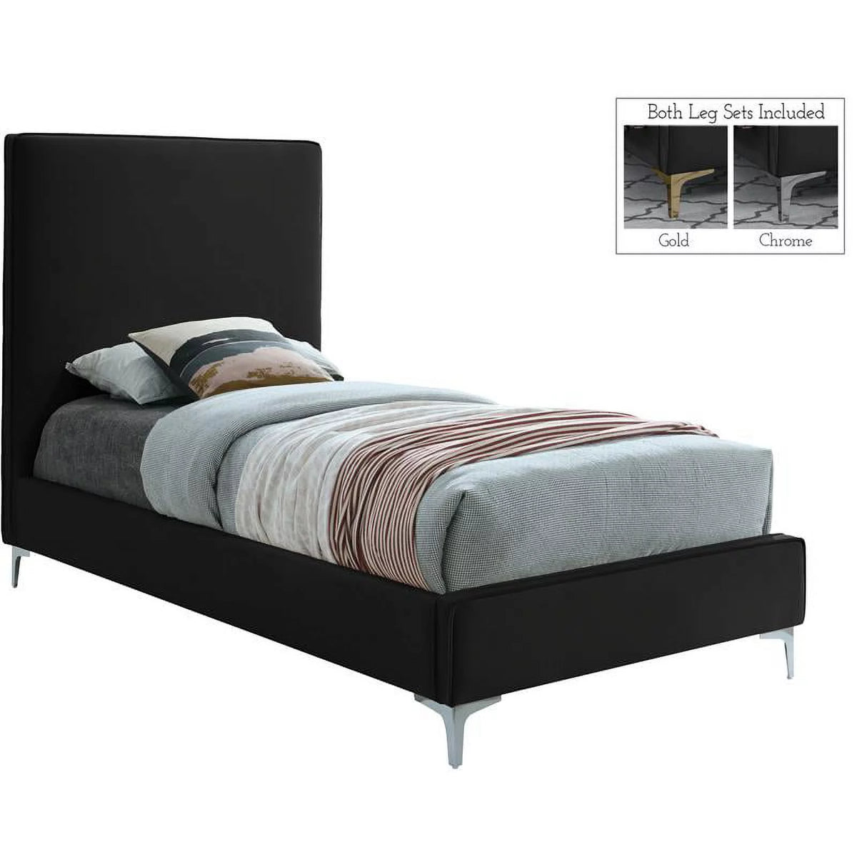 Black Velvet Twin Bed with Gold and Chrome Legs Q50295