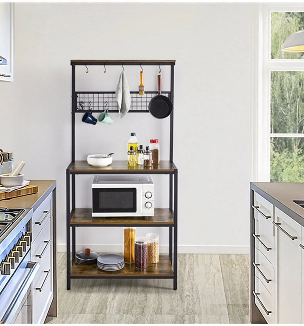 67" Wooden Rustic Brown Bakers Rack with 4 Storage Shelves & 10 Hooks Y118