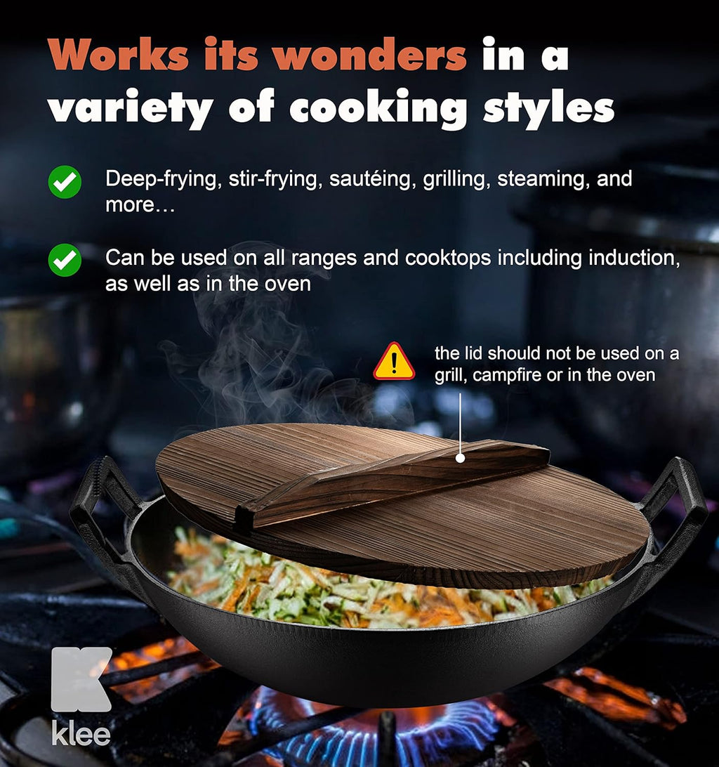 Pre-Seasoned Cast Iron Wok Pan with Wood Lid and Handles D616789