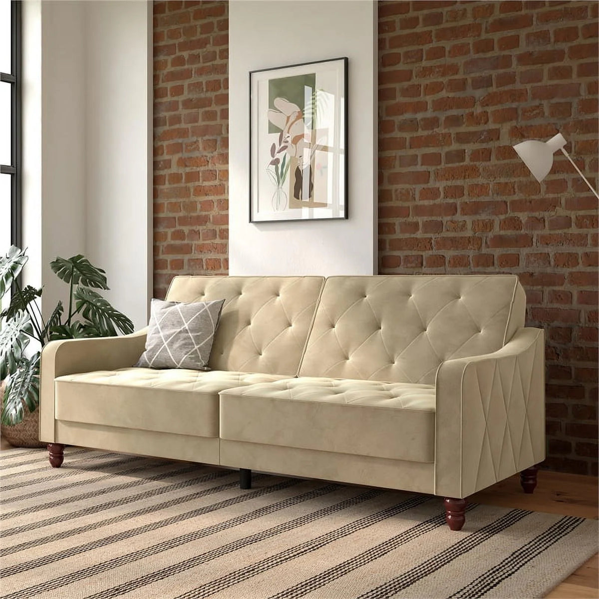 Vintage Tufted Split Back Futon in Taupe Velvet E46014
