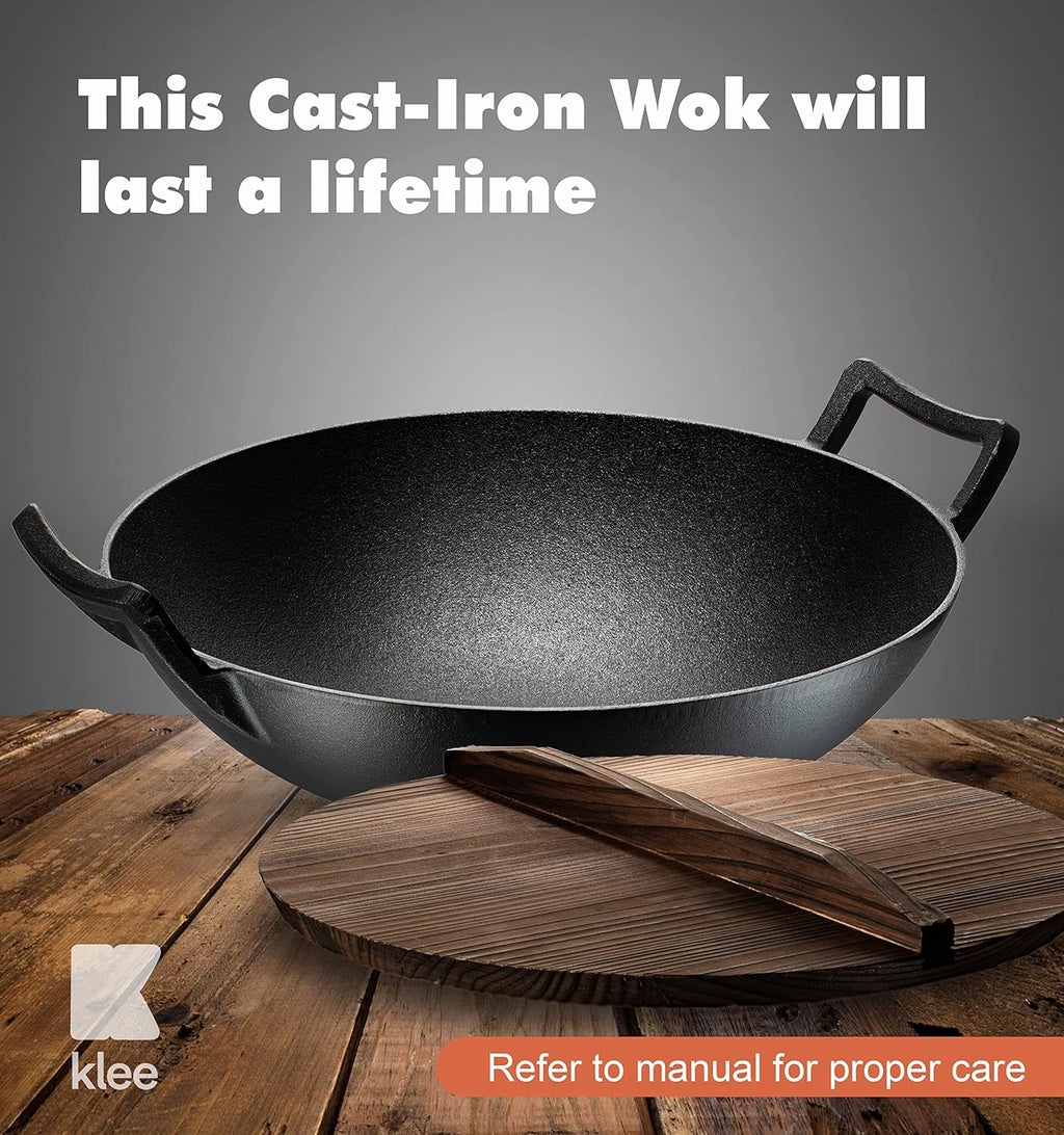 Pre-Seasoned Cast Iron Wok Pan with Wood Lid and Handles D616789