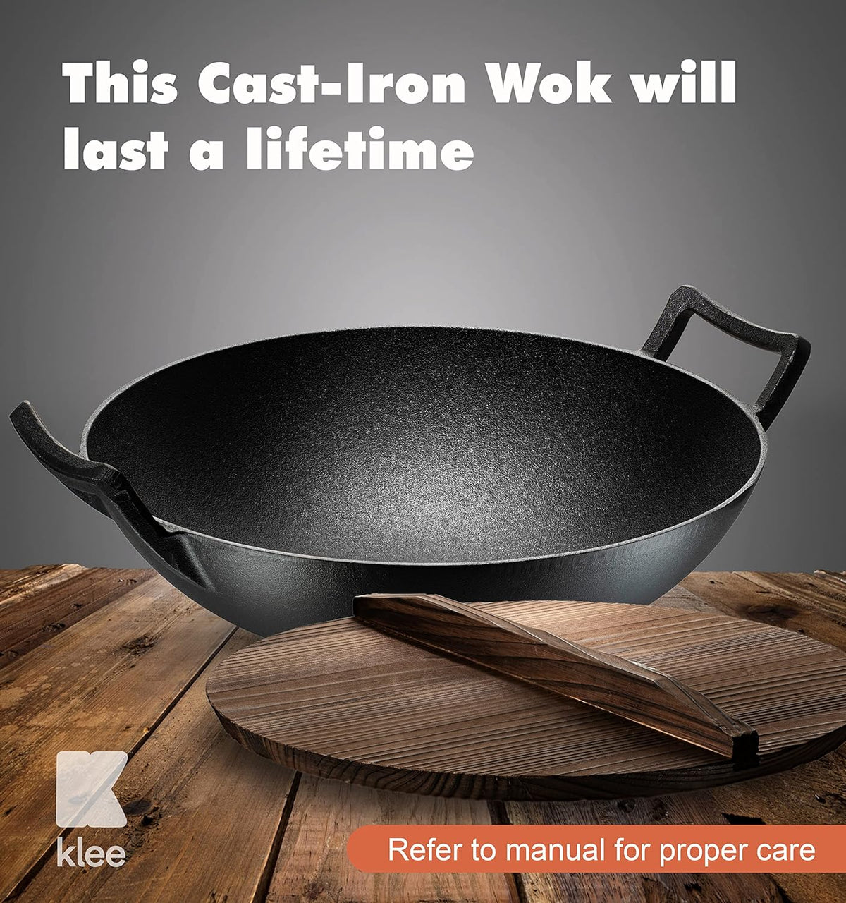 Pre-Seasoned Cast Iron Wok Pan with Wood Lid and Handles D616789