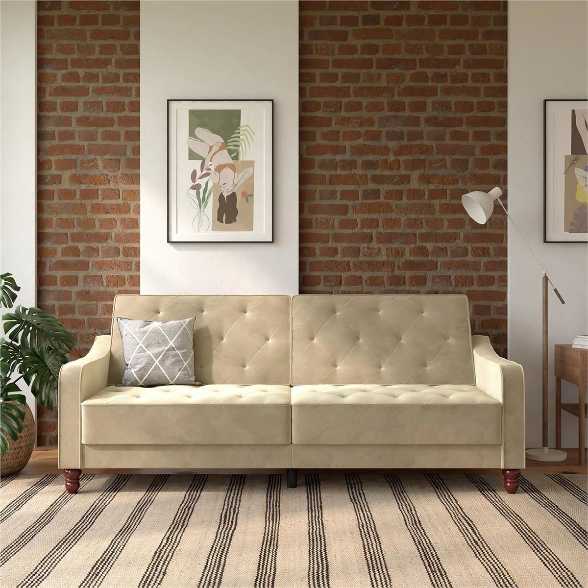 Vintage Tufted Split Back Futon in Taupe Velvet E46014