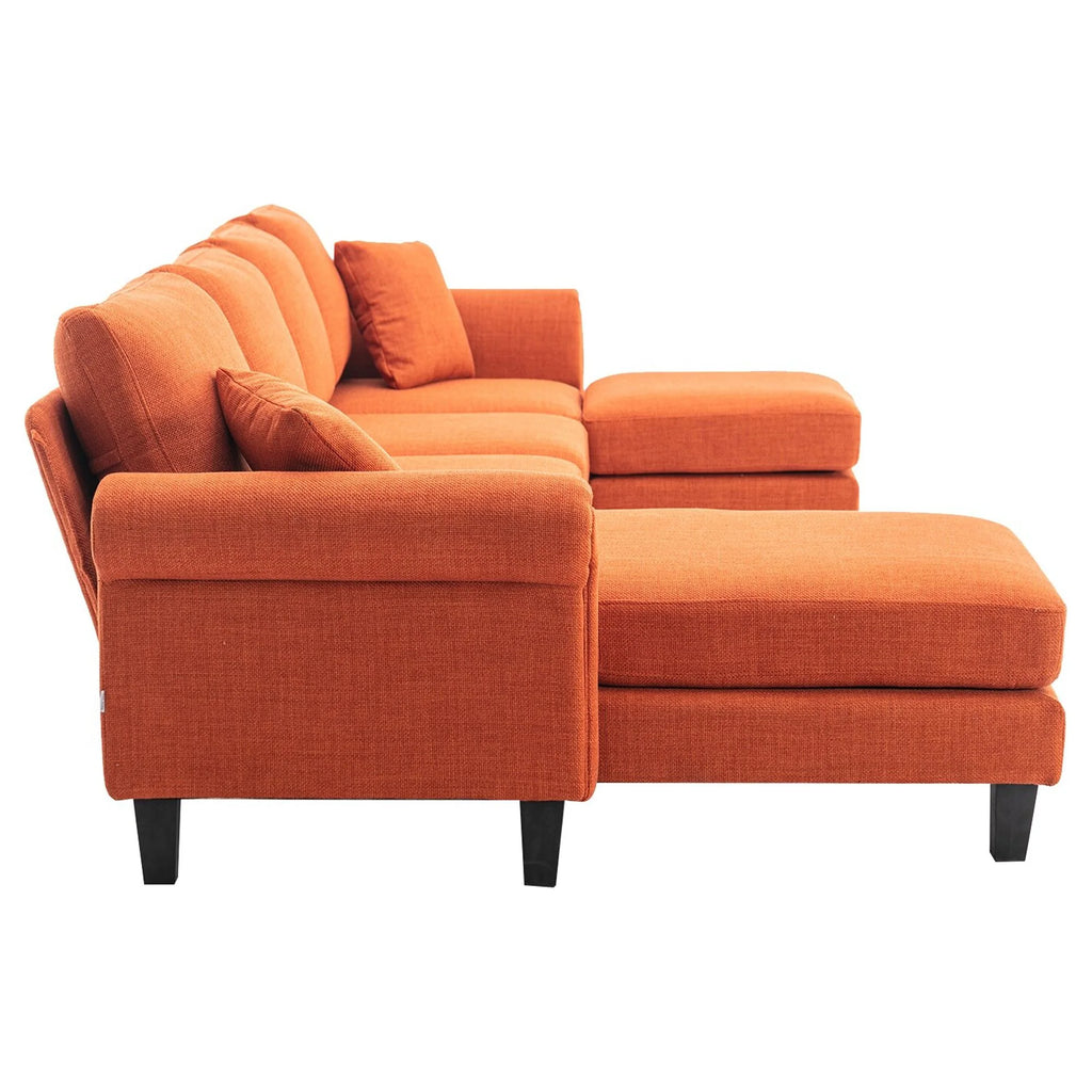 U Shape Convertible Sectional Sofa Set Linen Fabric with Reversible Ottoman W492