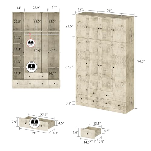 Light Brown 10 Shelves 4 Drawers Wooden Wardrobe Armoire G20197