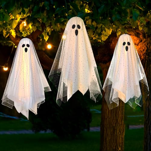 3 Pack 12" Lighted Hanging Ghost Halloween Decorations with Sheer Gauze N4580