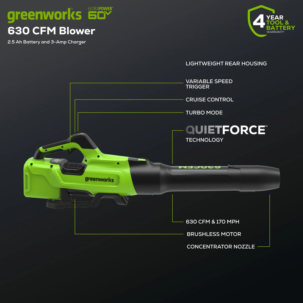 60V 630 CFM 170 MPH Leaf Blower with 2.5 Ah Battery & Charger D68436