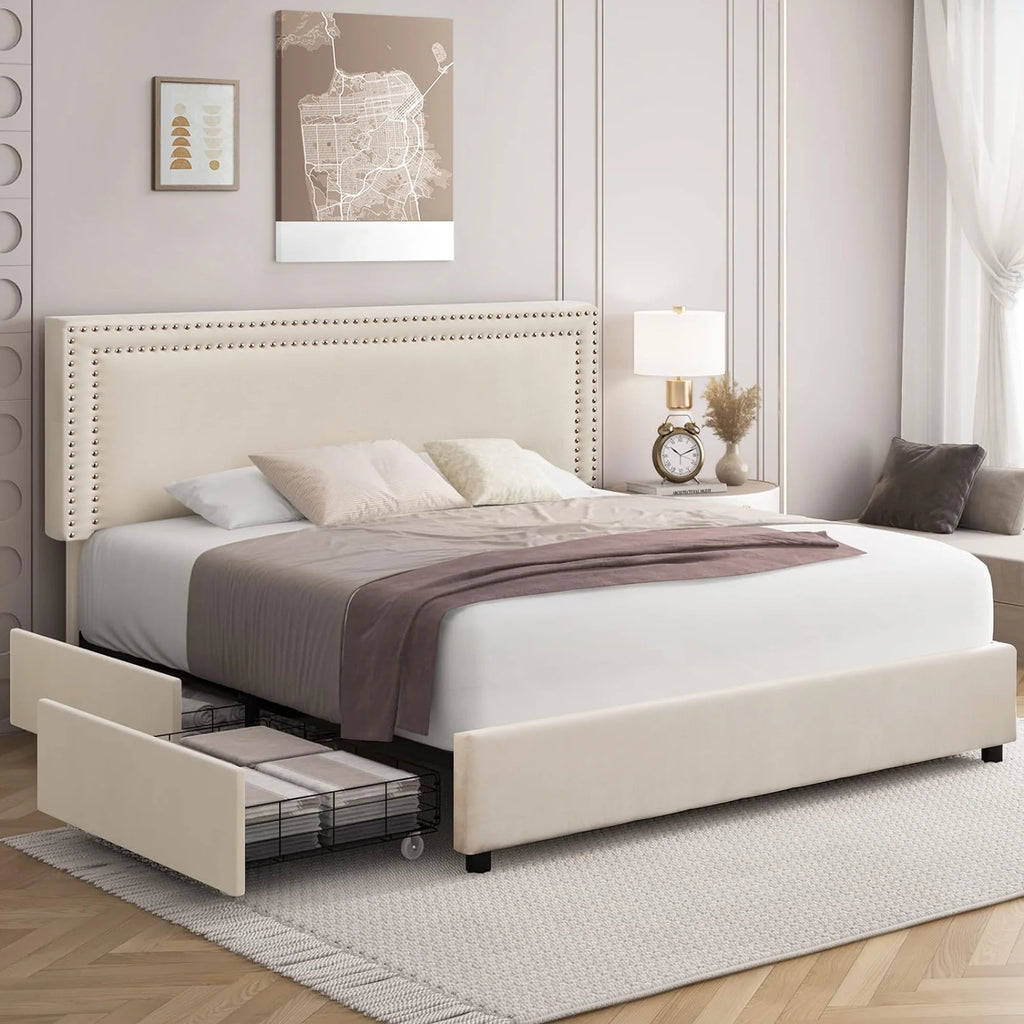 Full Bed Frame with 4 Storage Drawers and Adjustable Headboard L599