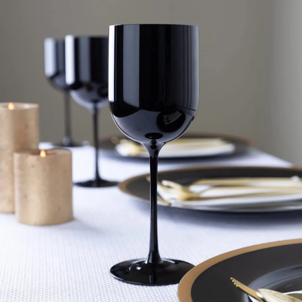 20 Pack Black 12 oz Plastic Wine Glasses with Gold Rim C19456