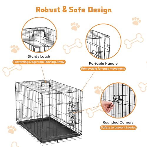 36 Inch Double Door Metal Dog Crate with Divider Panel and Plastic Leak-Proof Pan Tray G15377