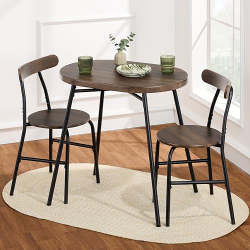 3-Piece Oval Dining Table Set with 2 Chairs, Metal Frame, Dark Brown/Black J58659