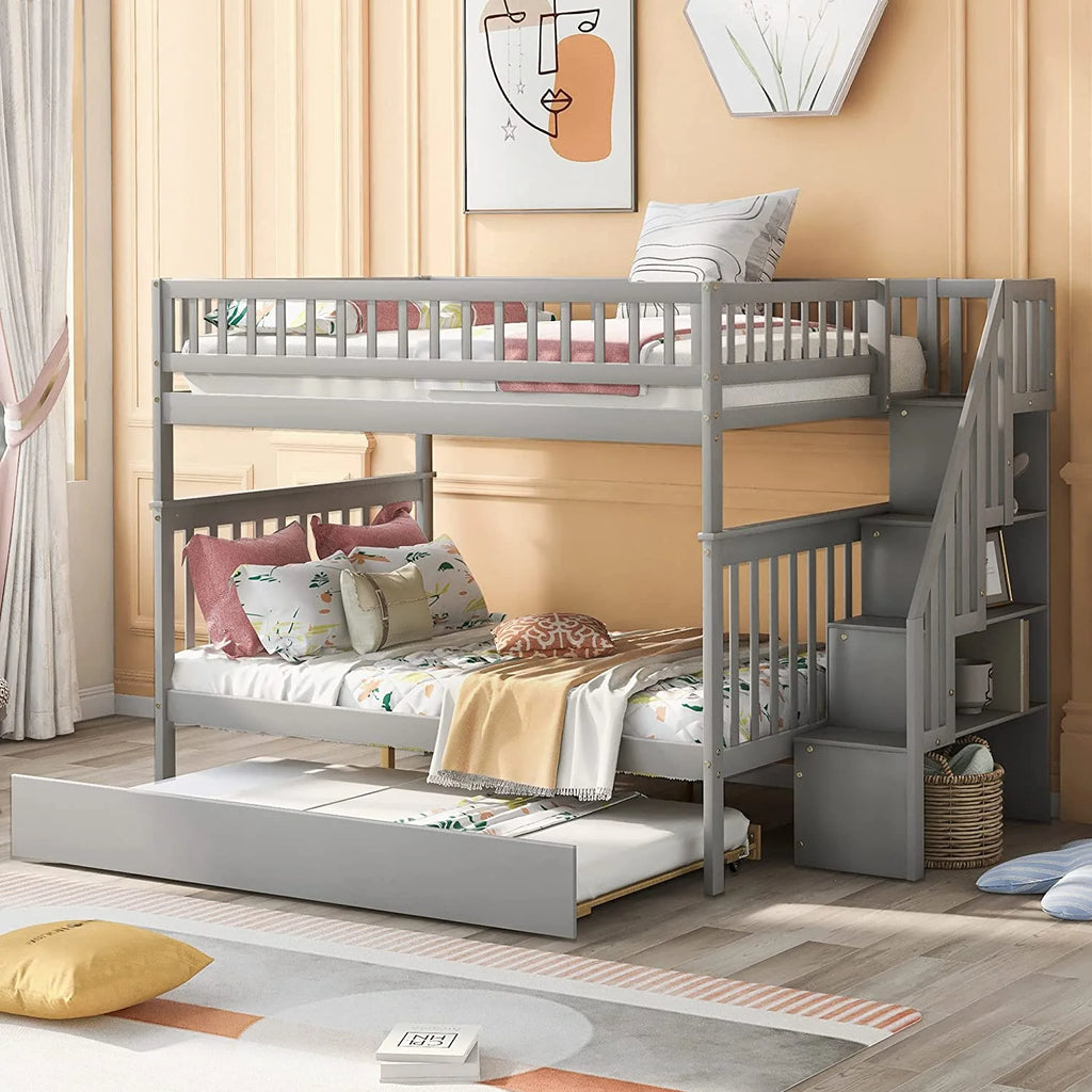 Solid Wood Full Over Full Bunk Bed with Trundle and Staircase, Grey M83438