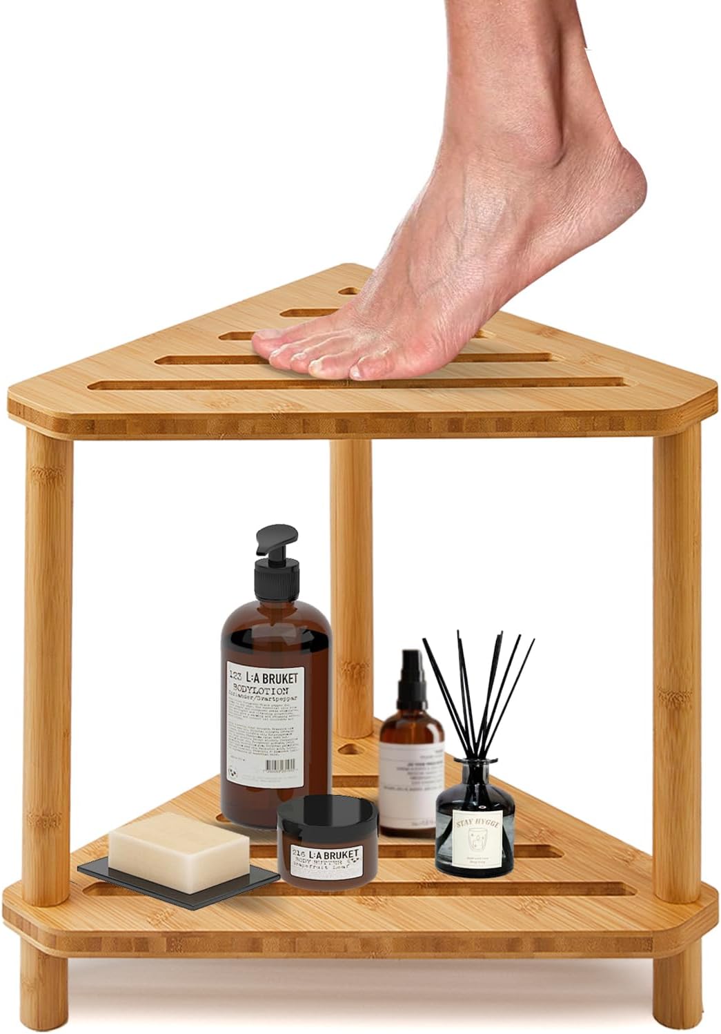 Bamboo Corner Shower Stool with Storage Shelf A4425
