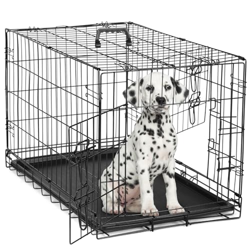 36 Inch Double Door Metal Dog Crate with Divider Panel and Plastic Leak-Proof Pan Tray G15377