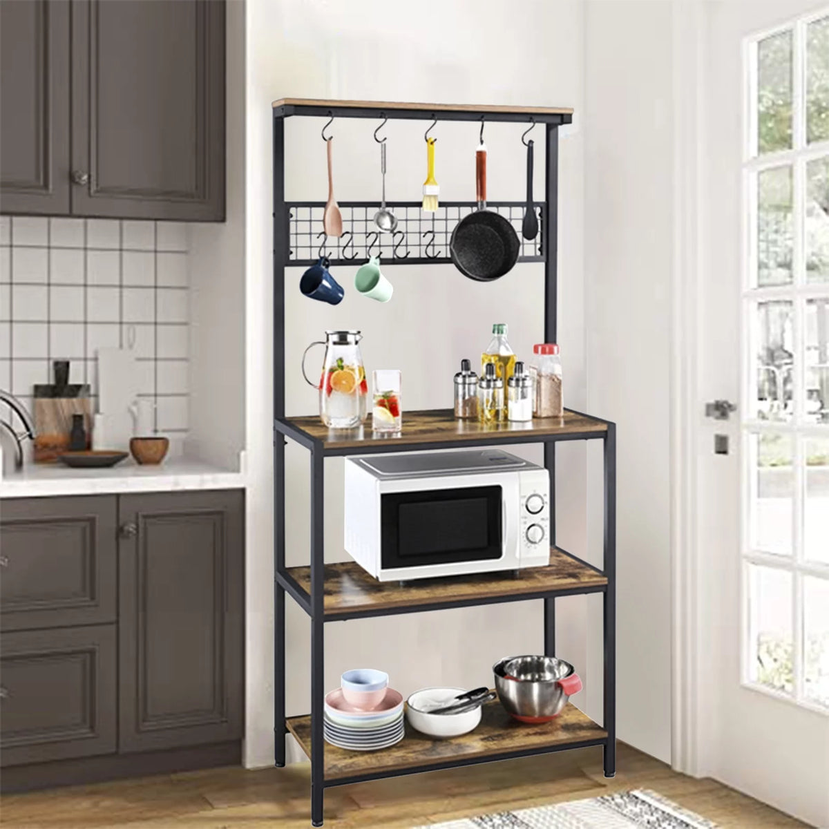 67" Wooden Rustic Brown Bakers Rack with 4 Storage Shelves & 10 Hooks Y118