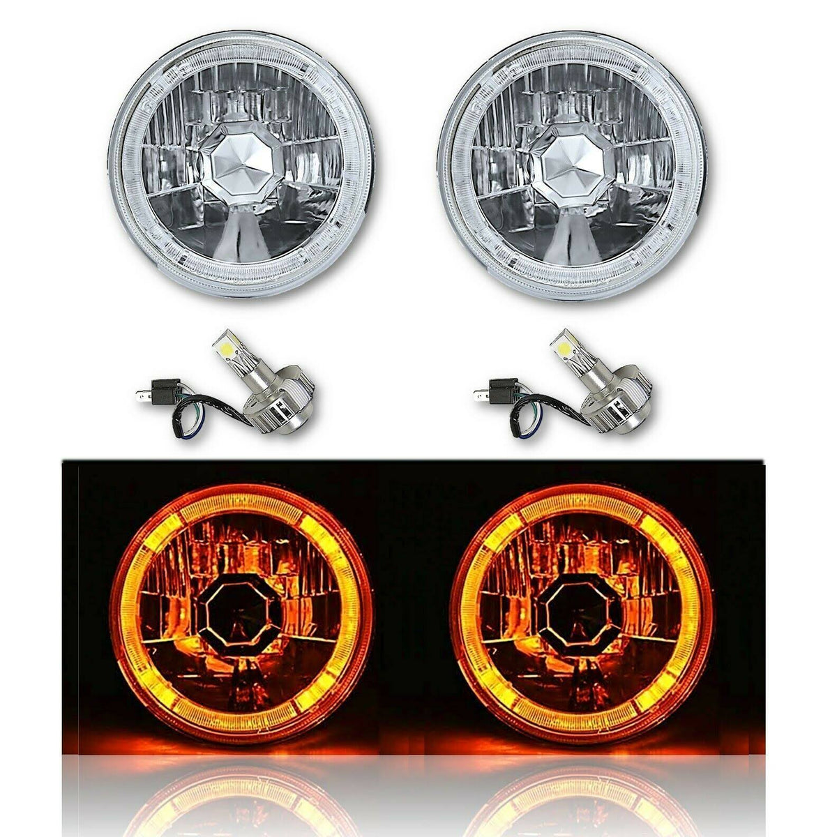 Amber LED Halo Angel Eye Crystal Clear Headlight Pair O32400