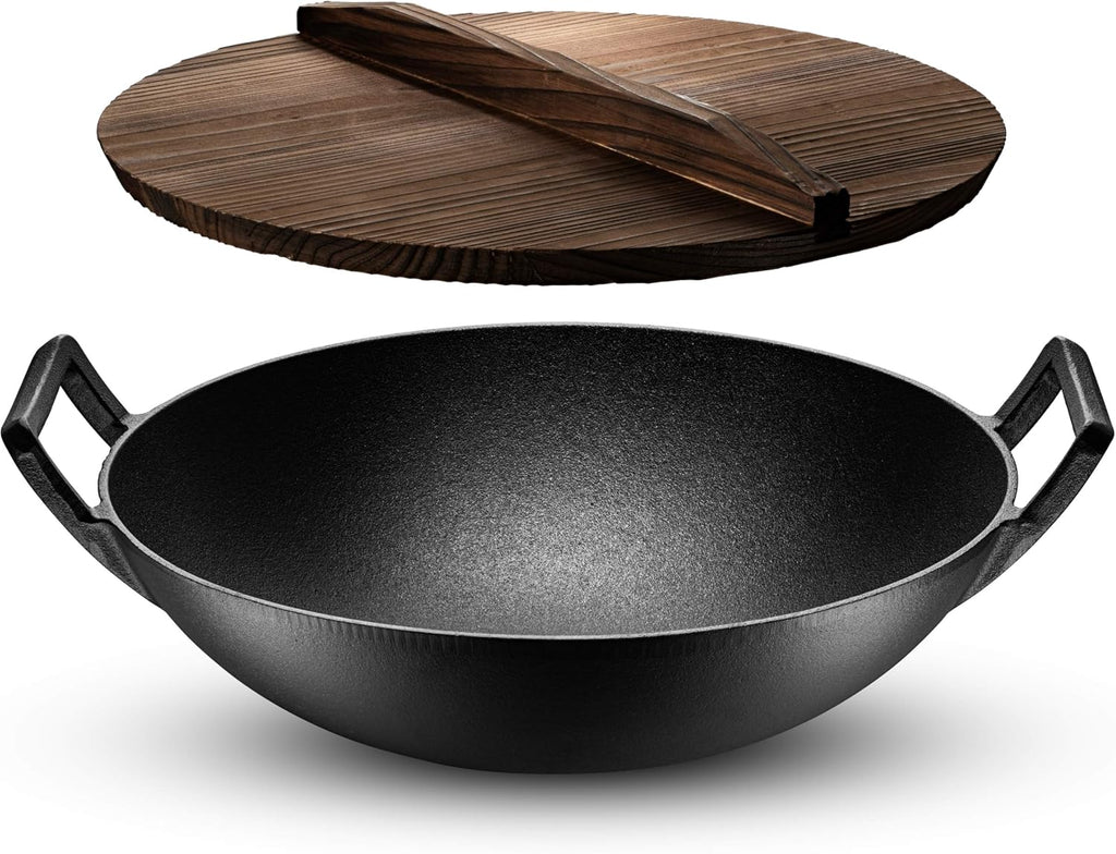 Pre-Seasoned Cast Iron Wok Pan with Wood Lid and Handles D616789