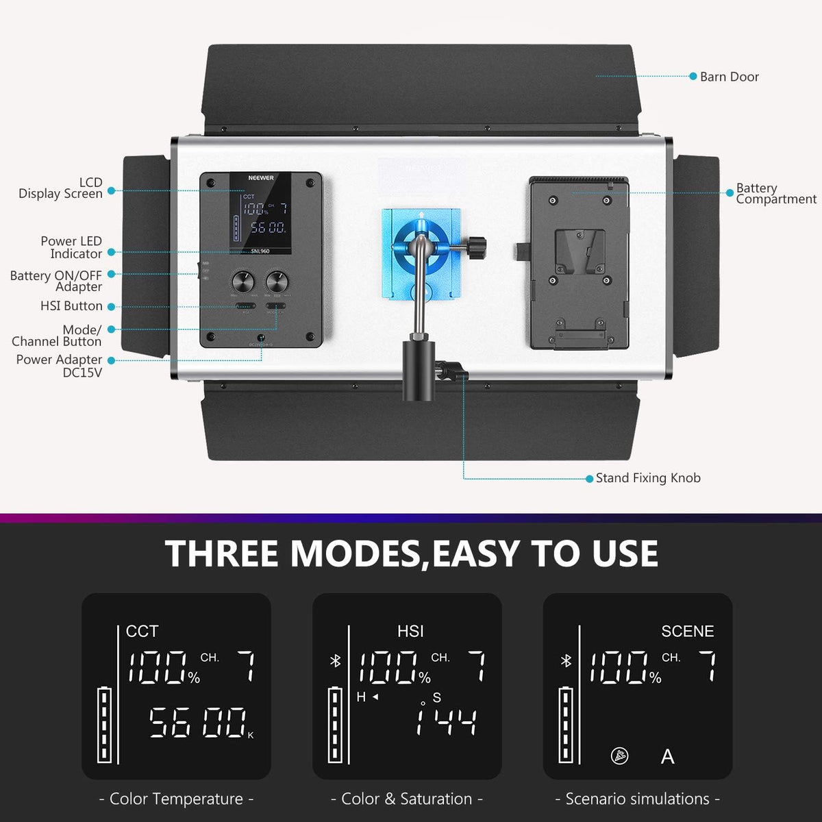 960 RGB LED Light with LCD Screen and Barndoor Y4019
