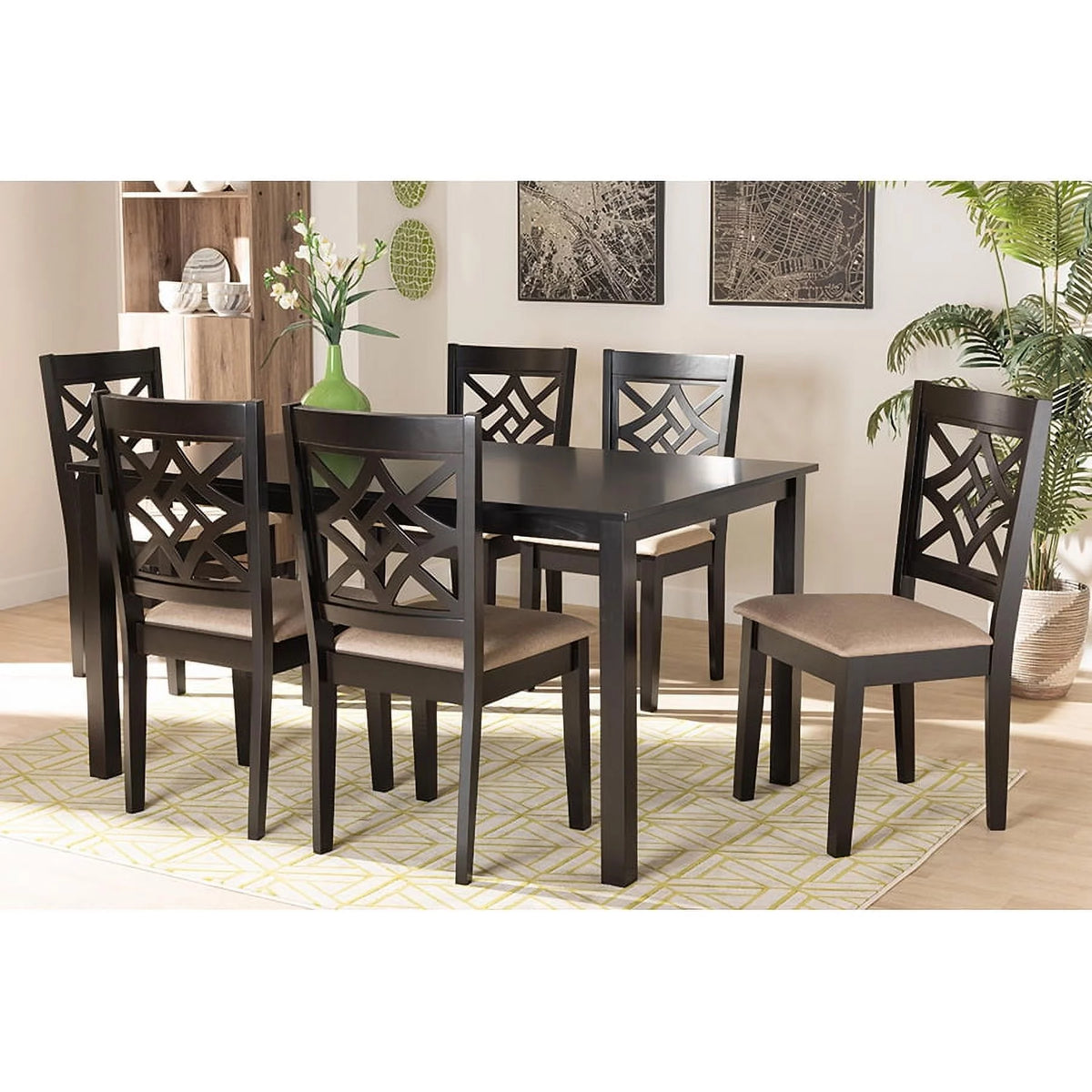 Sand Fabric Upholstered Dark Brown Wood 7-Piece Dining Set O925