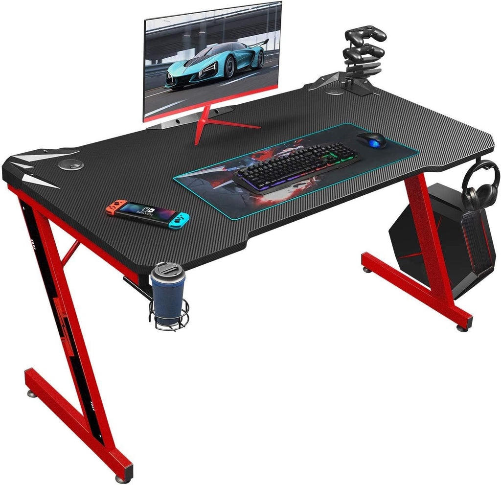 44 Inch Black Gaming Desk with Carbon Fiber Surface Cup Holder and Headphone Hook H19422
