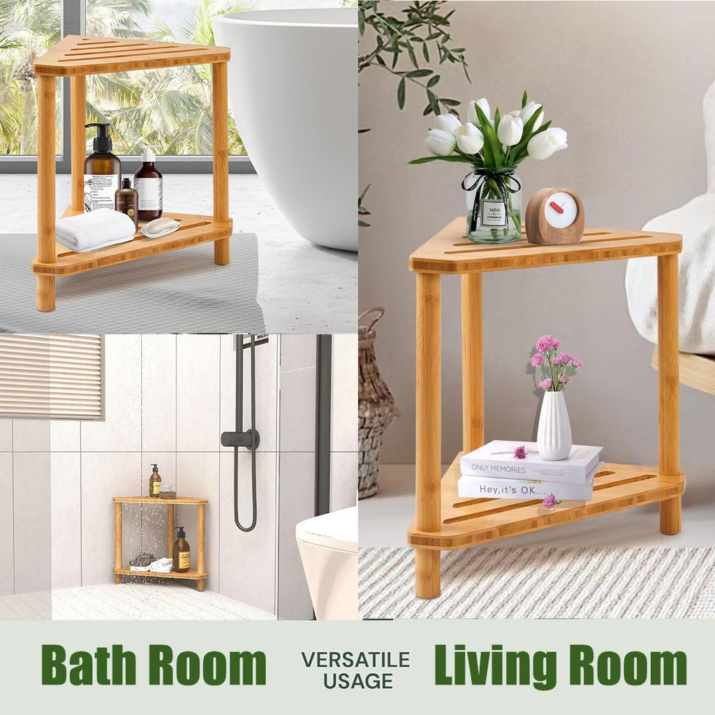 Bamboo Corner Shower Stool with Storage Shelf A4425