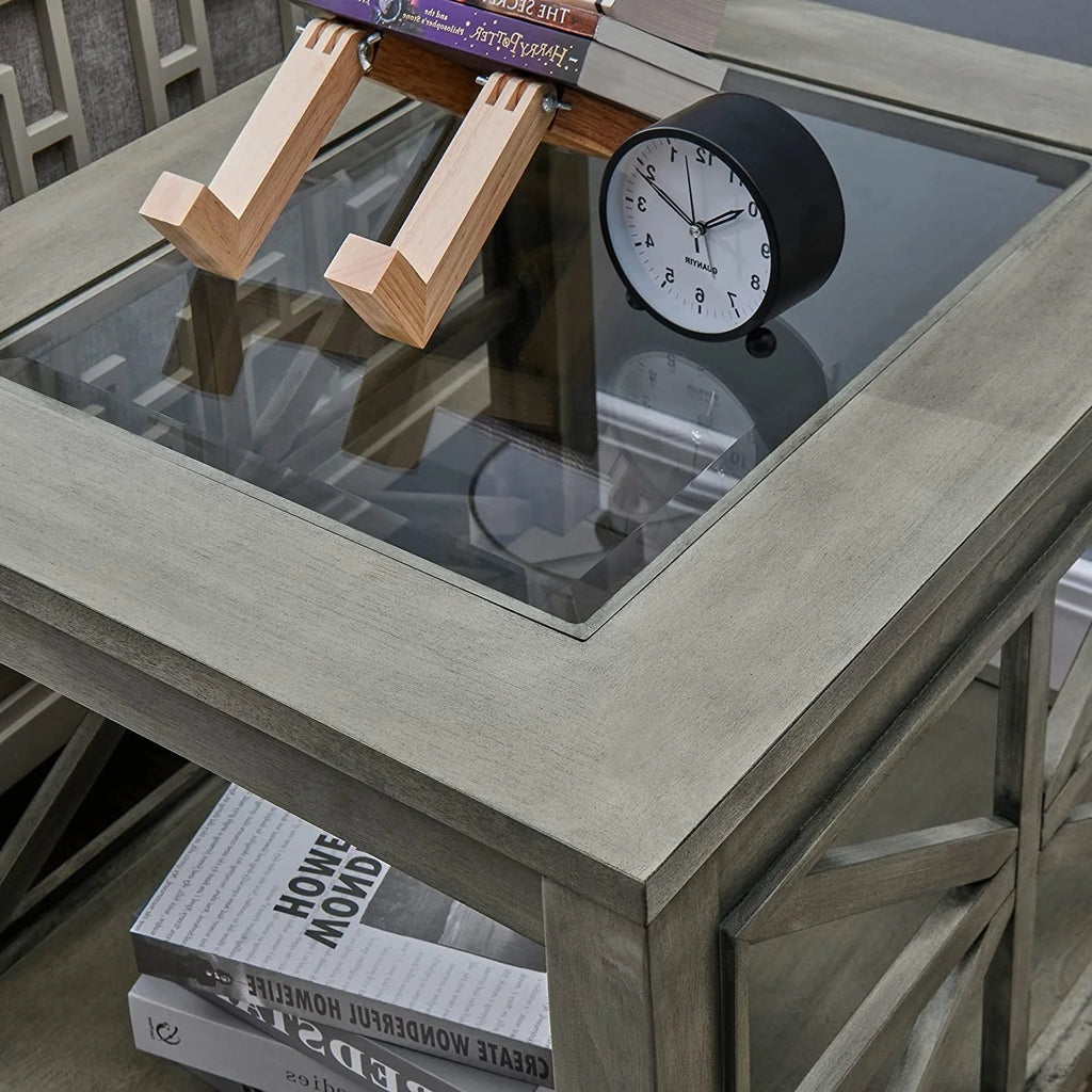 Square Wood End Table with Glass Top Grey K469446