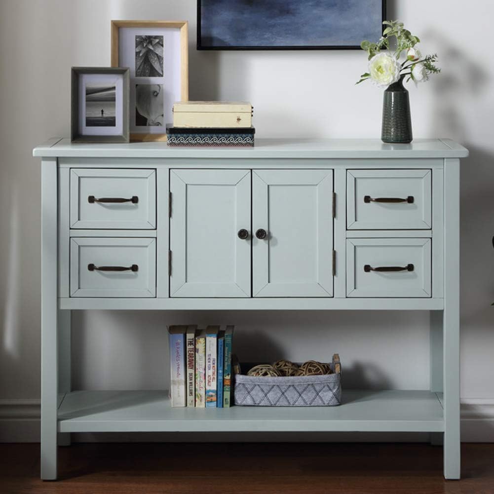 Green Wood Buffet Console Table with Drawers & Open Shelf L499