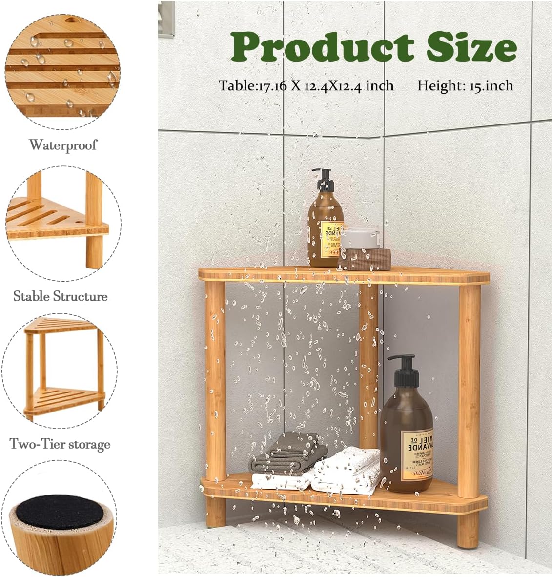 Bamboo Corner Shower Stool with Storage Shelf A4425