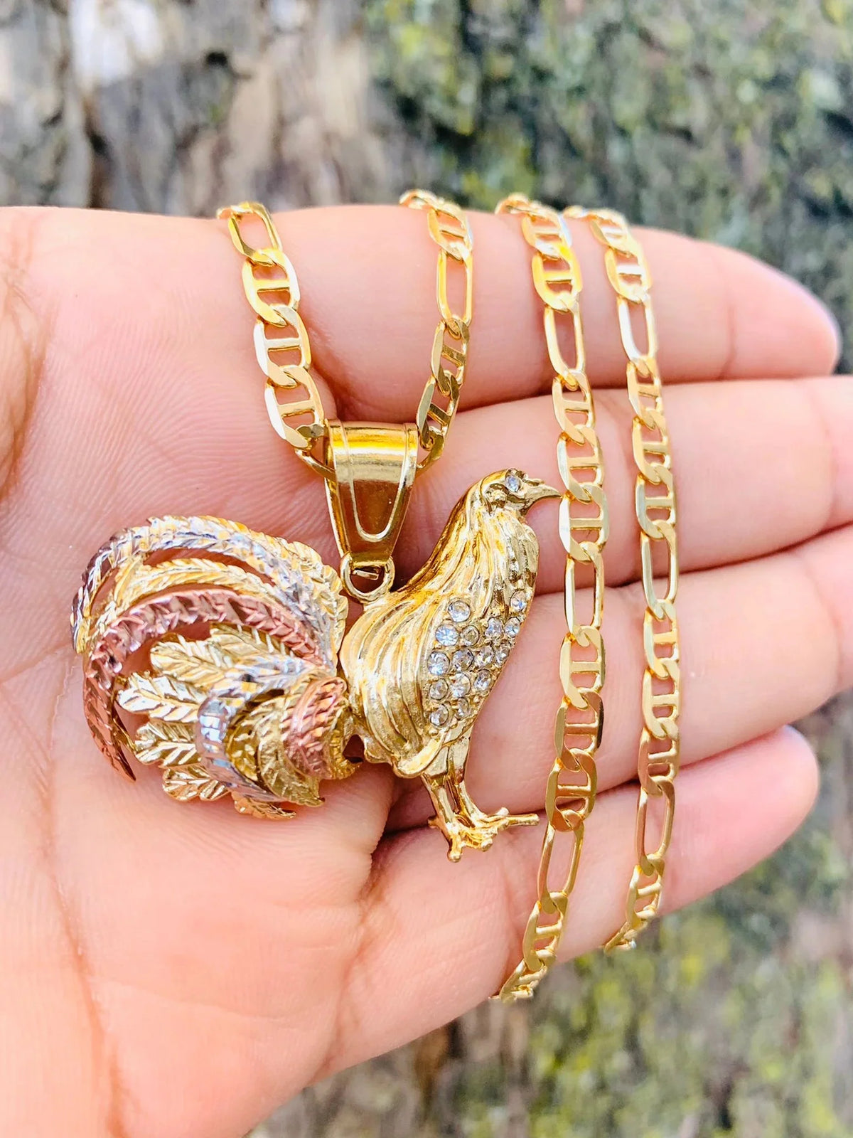 14K Solid Gold Filled Rooster Necklace Pendant CZ Mariner Chain 24" J495