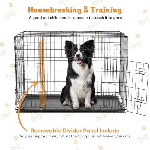36 Inch Double Door Metal Dog Crate with Divider Panel and Plastic Leak-Proof Pan Tray G15377