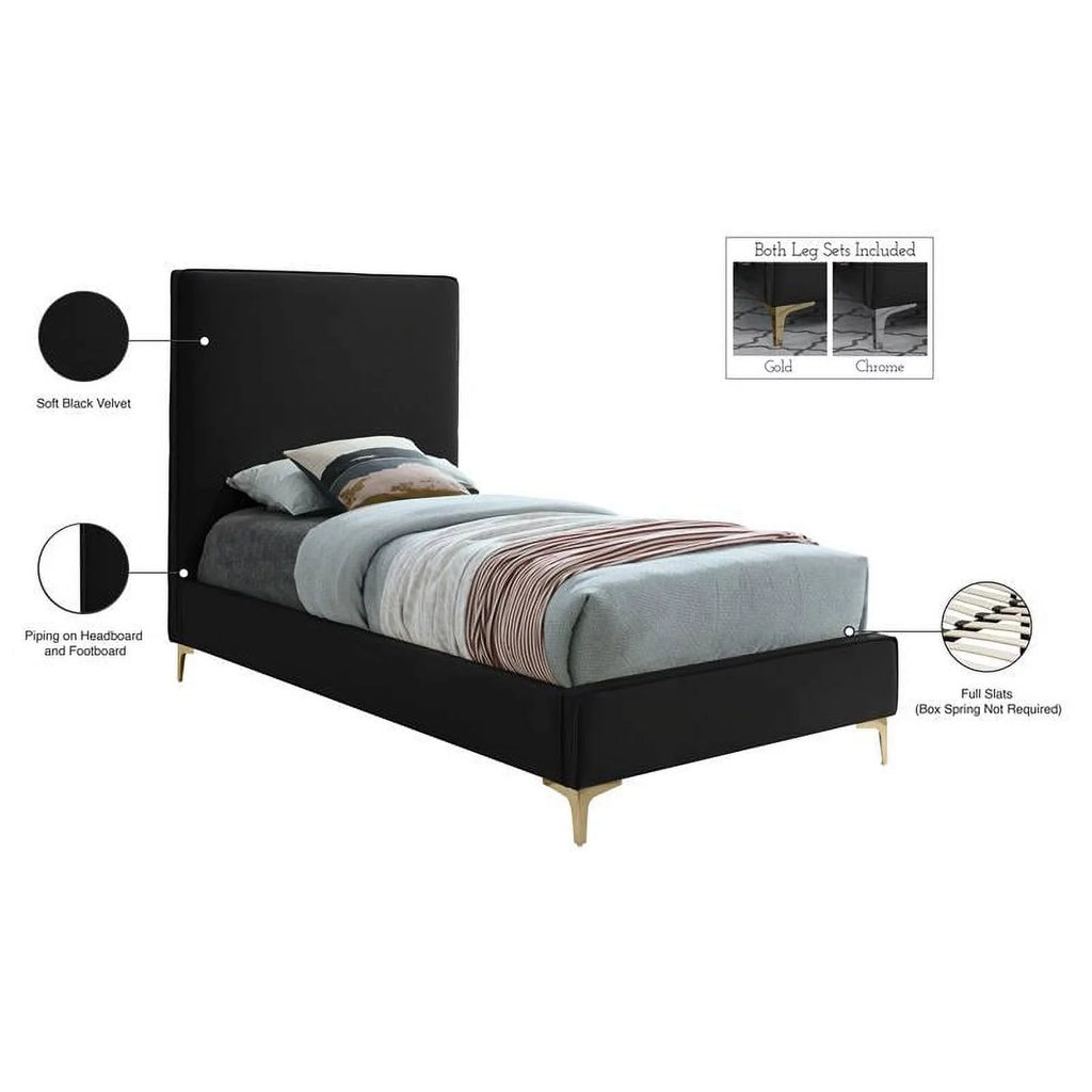 Black Velvet Twin Bed with Gold and Chrome Legs Q50295