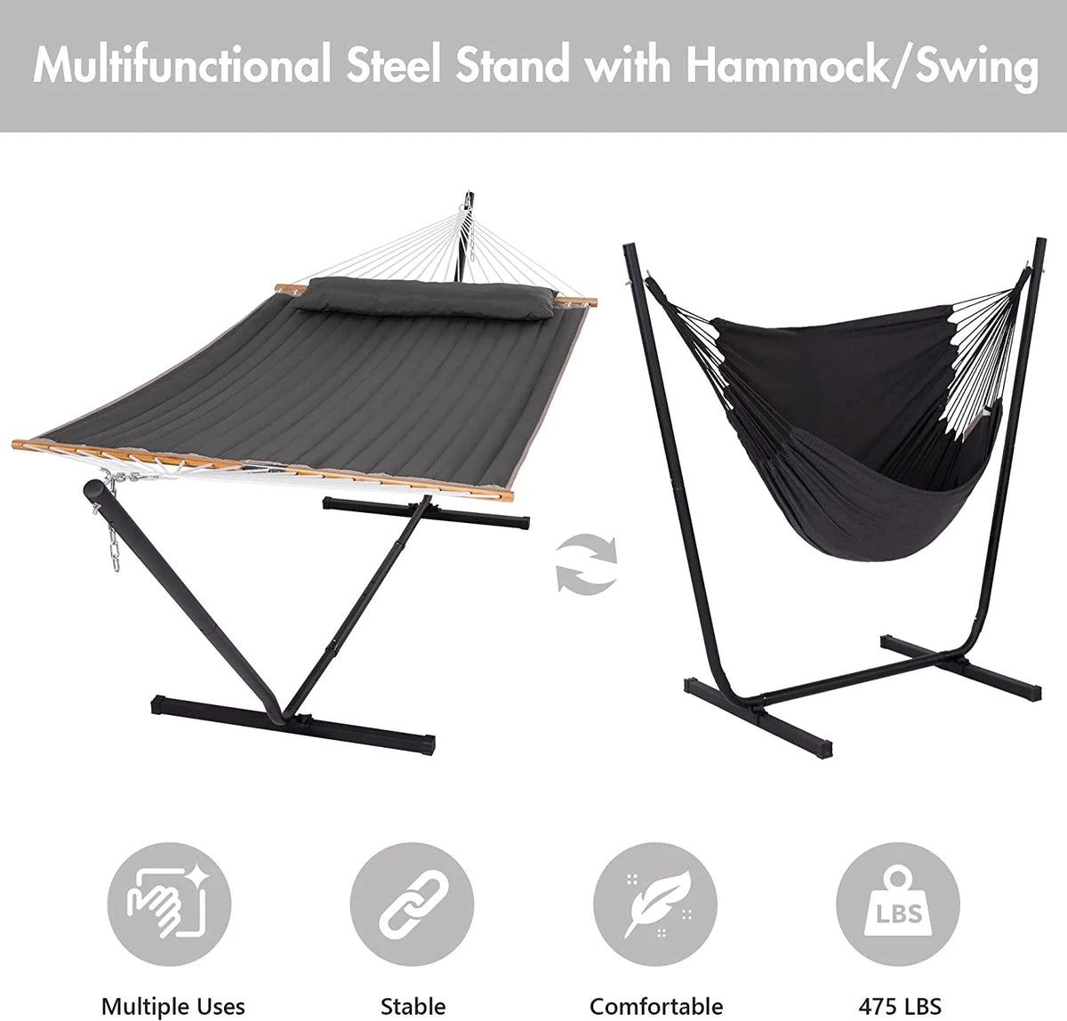 Dark Gray Polyester 2-in-1 Outdoor Hammock with Stand U401