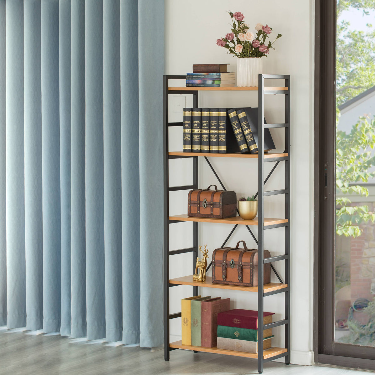 5 Shelf Wood and Metal Bookcase V735459