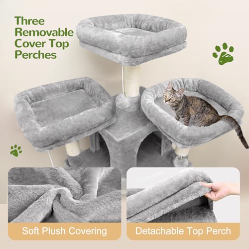 Light Grey 80inch Cat Tree with Scratching Post, Hammock, 3 Perches, 2 Condos, 2 Hanging Basket A667