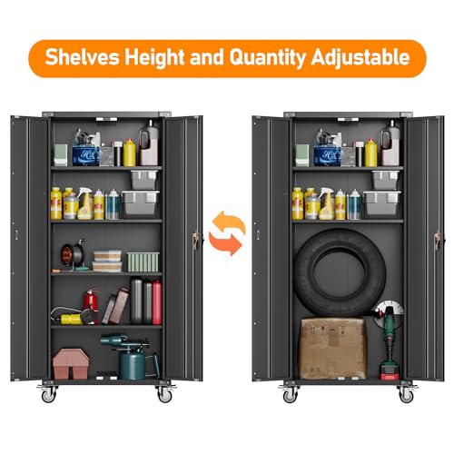 Metal Storage Cabinet with Wheels, 71" Tall, 5 Tier Shelves, Locking Doors O5373