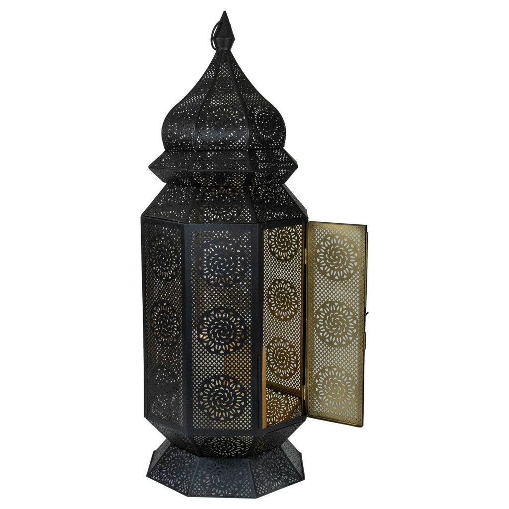 Black and Gold Moroccan Style Cut-Out Floor Pillar Candle Lantern L261