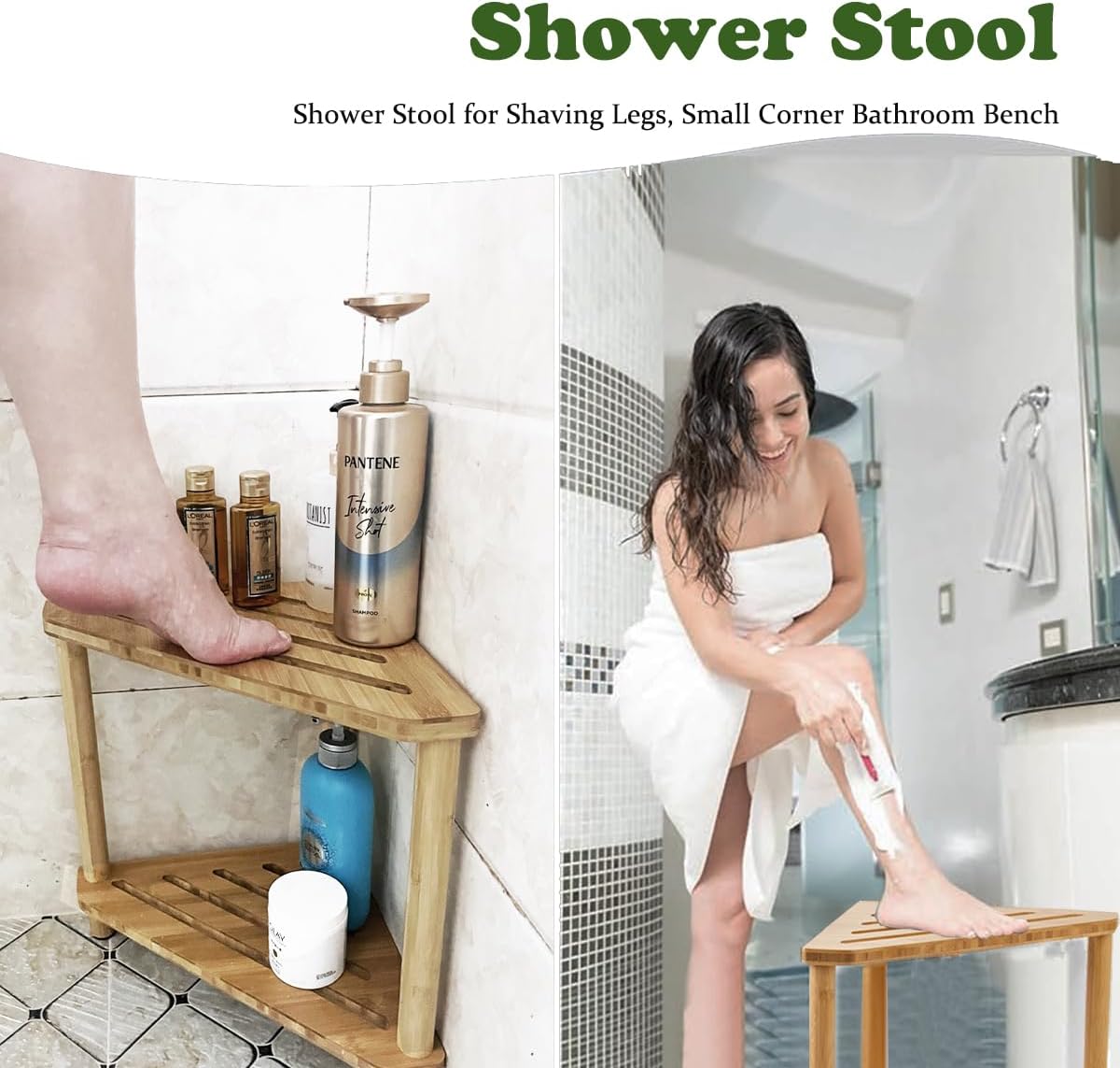 Bamboo Corner Shower Stool with Storage Shelf A4425
