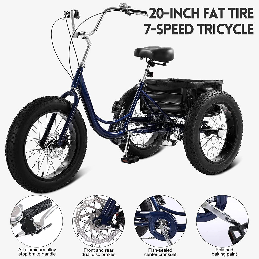 7 Speed 20 Inch 3 Wheel Adult Tricycle with Large Basket E4065
