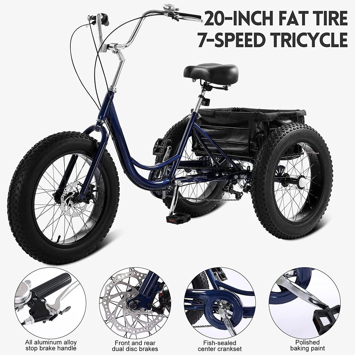 7 Speed 20 Inch 3 Wheel Adult Tricycle with Large Basket E4065