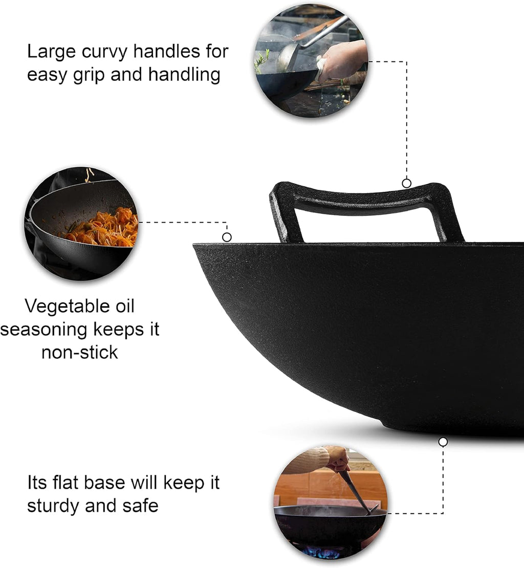 Pre-Seasoned Cast Iron Wok Pan with Wood Lid and Handles D616789